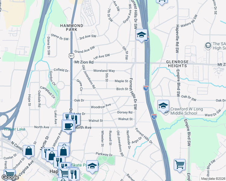 map of restaurants, bars, coffee shops, grocery stores, and more near 461 Oak Drive in Hapeville