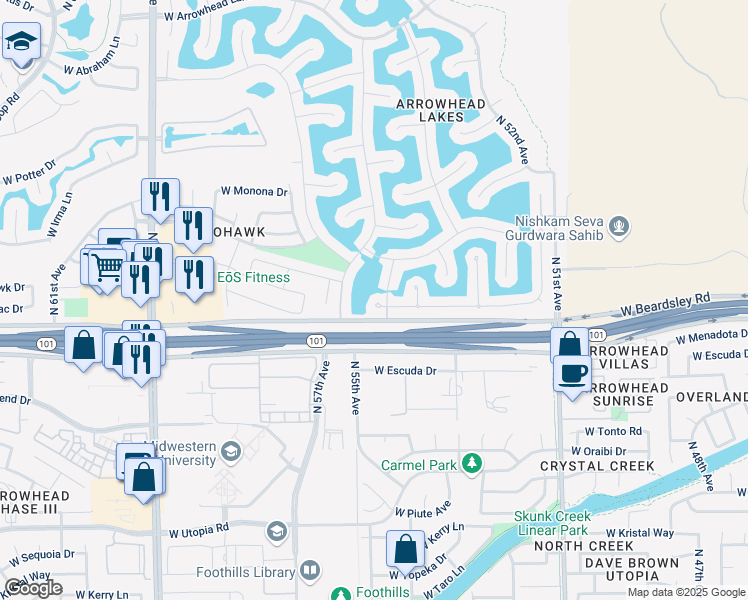 map of restaurants, bars, coffee shops, grocery stores, and more near 5426 West Pontiac Drive in Glendale