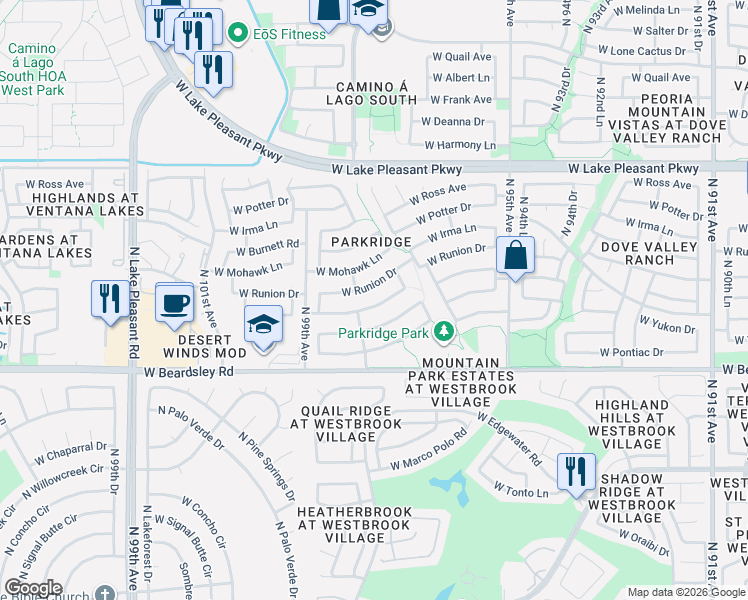 map of restaurants, bars, coffee shops, grocery stores, and more near 9754 West Yukon Drive in Peoria