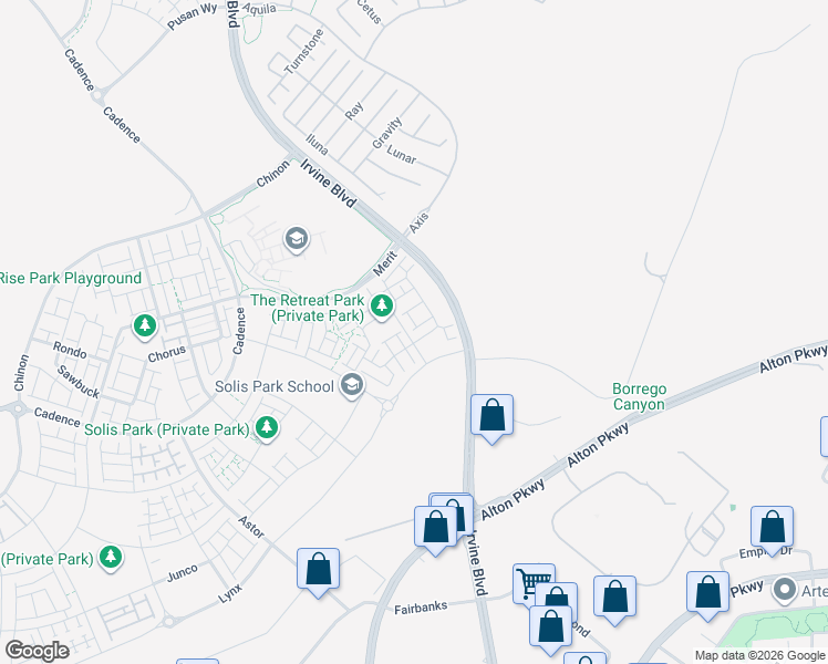 map of restaurants, bars, coffee shops, grocery stores, and more near C Street in Irvine