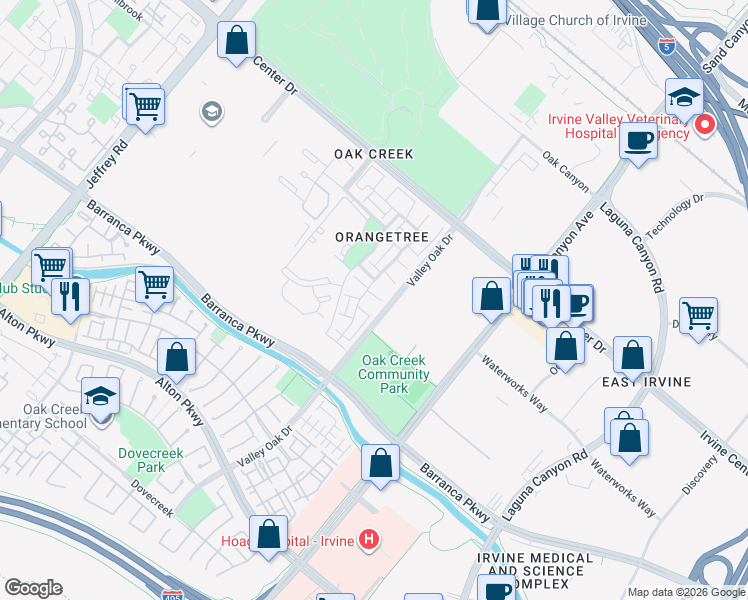 map of restaurants, bars, coffee shops, grocery stores, and more near 26 Orchard in Irvine