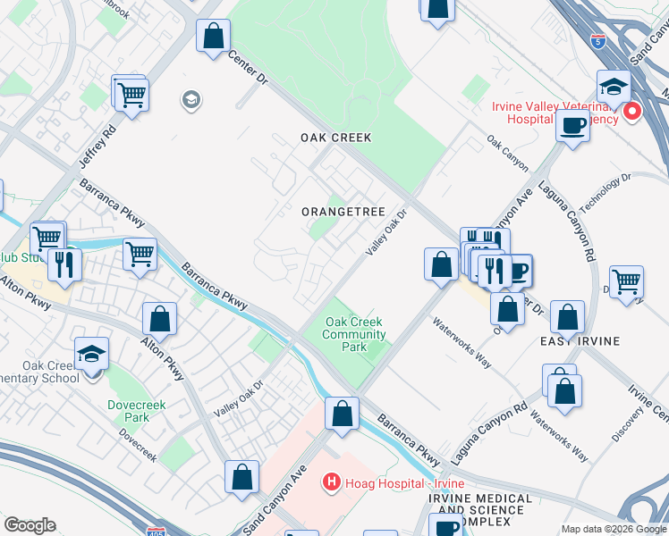 map of restaurants, bars, coffee shops, grocery stores, and more near 26 Orchard in Irvine
