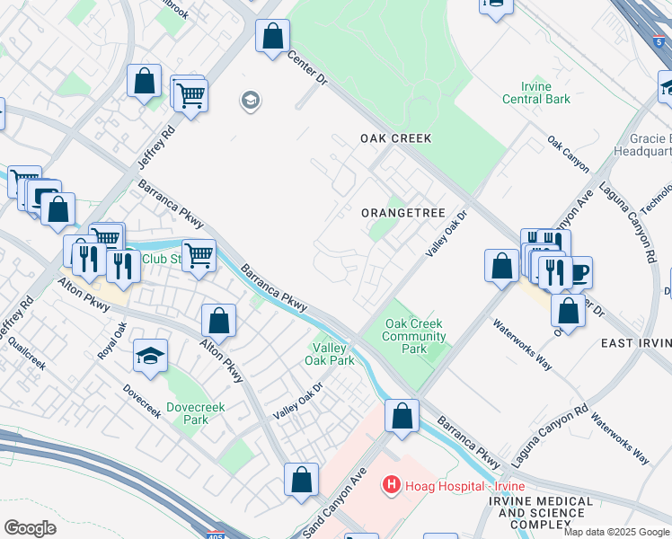 map of restaurants, bars, coffee shops, grocery stores, and more near 344 Apricot Drive in Irvine