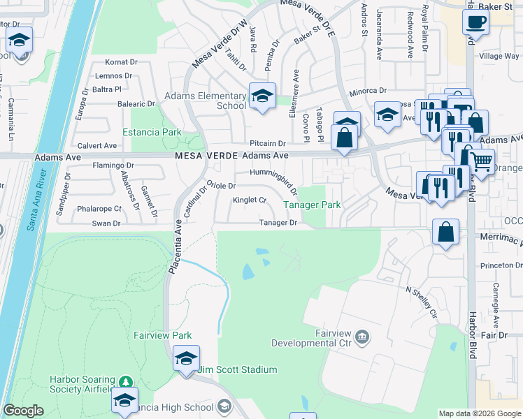map of restaurants, bars, coffee shops, grocery stores, and more near 1800 Tanager Drive in Costa Mesa