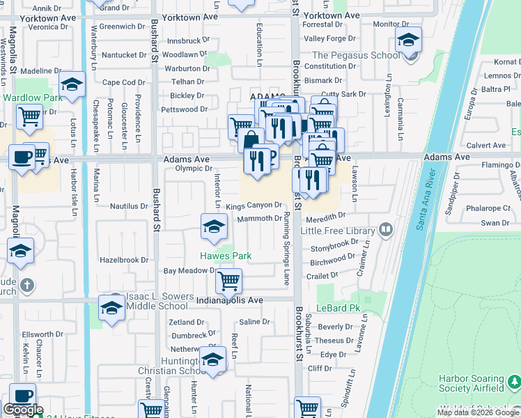 map of restaurants, bars, coffee shops, grocery stores, and more near 20221 Colonial Circle in Huntington Beach