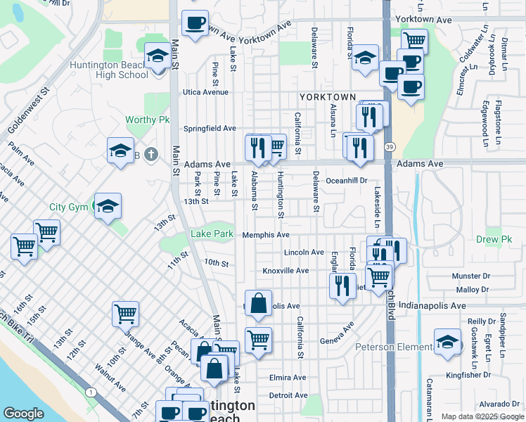 map of restaurants, bars, coffee shops, grocery stores, and more near 212 Nashville Avenue in Huntington Beach