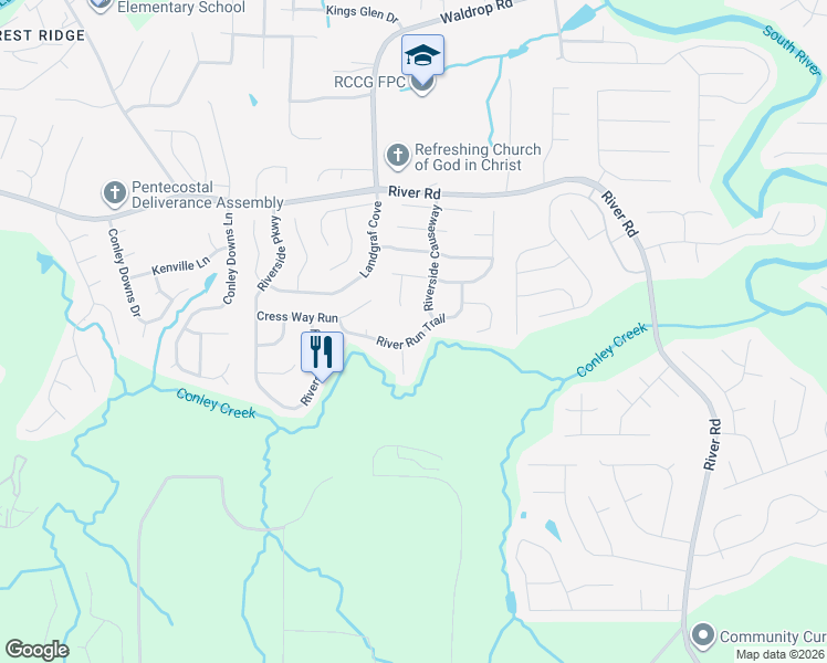 map of restaurants, bars, coffee shops, grocery stores, and more near 3321 River Run Trail in Decatur