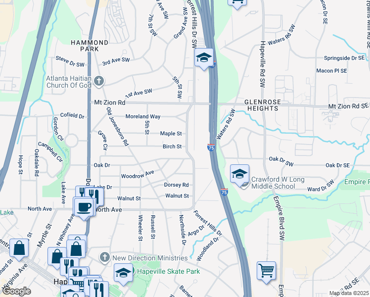 map of restaurants, bars, coffee shops, grocery stores, and more near 217 Birch Street in Atlanta