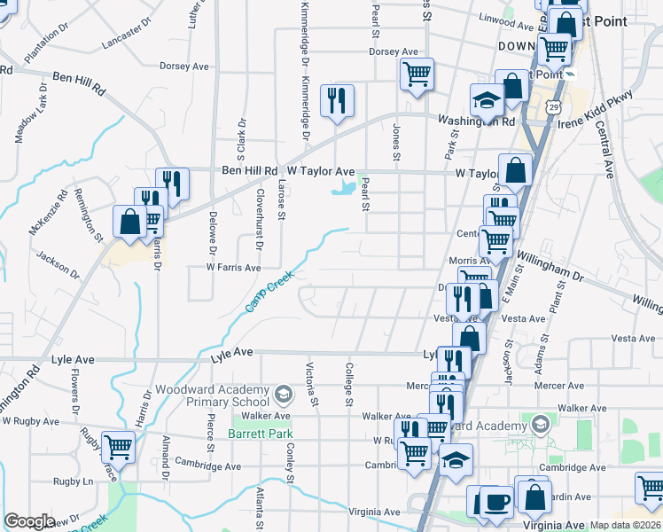 map of restaurants, bars, coffee shops, grocery stores, and more near 1919 Dunlap Avenue in East Point