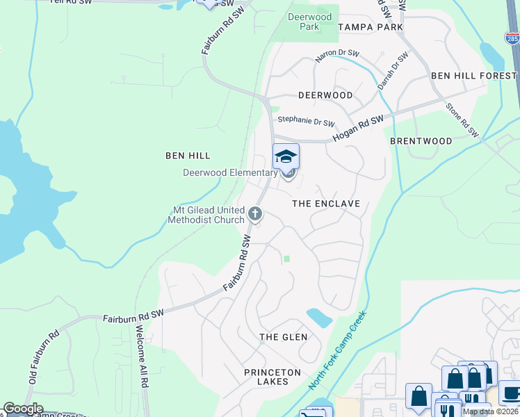 map of restaurants, bars, coffee shops, grocery stores, and more near 3073 Kensington Court Southwest in Atlanta