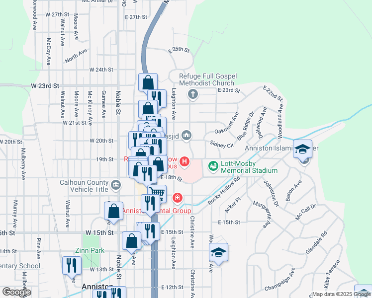map of restaurants, bars, coffee shops, grocery stores, and more near 1914 Christine Avenue in Anniston