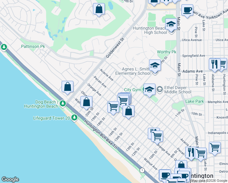 map of restaurants, bars, coffee shops, grocery stores, and more near 503 19th Street in Huntington Beach