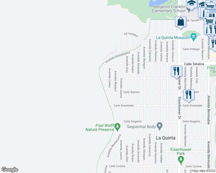 map of restaurants, bars, coffee shops, grocery stores, and more near 52125 Avenue Cortez in La Quinta