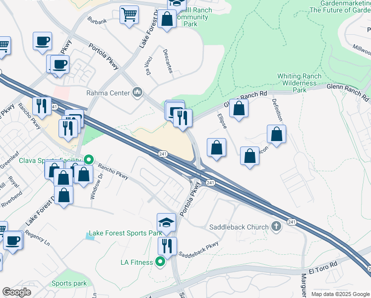 map of restaurants, bars, coffee shops, grocery stores, and more near 27492 Portola Parkway in Lake Forest