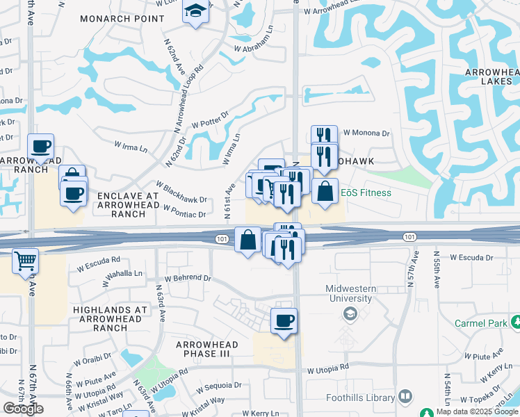 map of restaurants, bars, coffee shops, grocery stores, and more near 20220 North 59th Avenue in Glendale