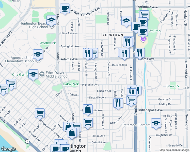 map of restaurants, bars, coffee shops, grocery stores, and more near 1405 Huntington Street in Huntington Beach