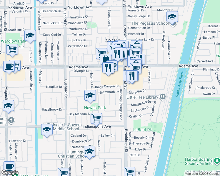 map of restaurants, bars, coffee shops, grocery stores, and more near 9872 Kings Canyon Drive in Huntington Beach