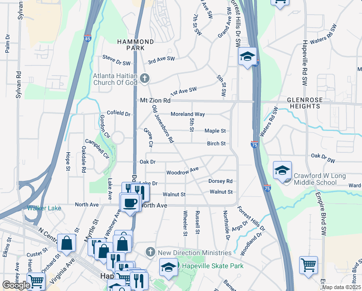 map of restaurants, bars, coffee shops, grocery stores, and more near 298 Birch Street in Hapeville