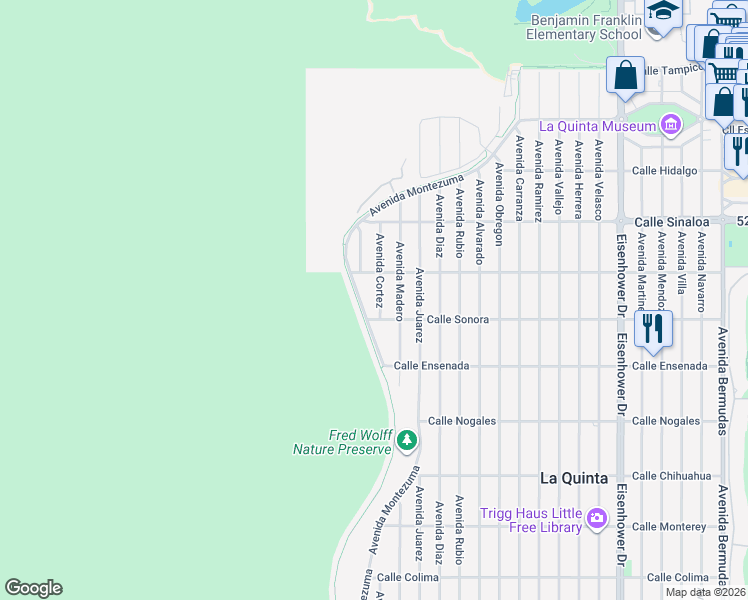 map of restaurants, bars, coffee shops, grocery stores, and more near 52125 Avenue Cortez in La Quinta