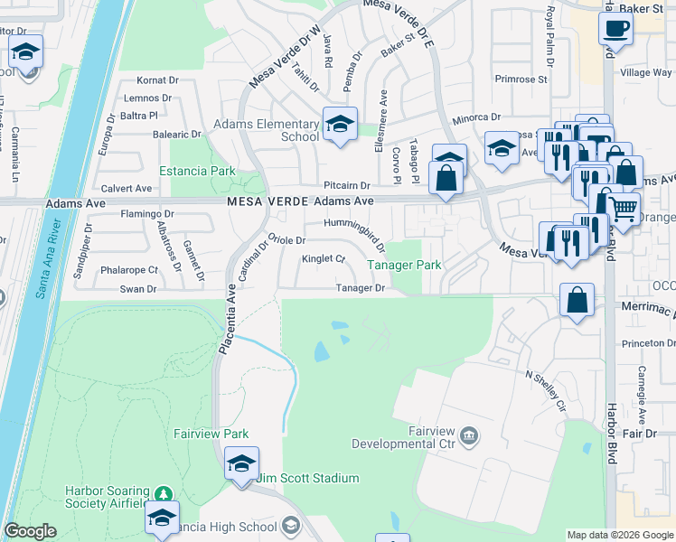 map of restaurants, bars, coffee shops, grocery stores, and more near 1800 Tanager Drive in Costa Mesa
