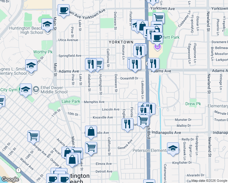 map of restaurants, bars, coffee shops, grocery stores, and more near 1335 Delaware Street in Huntington Beach