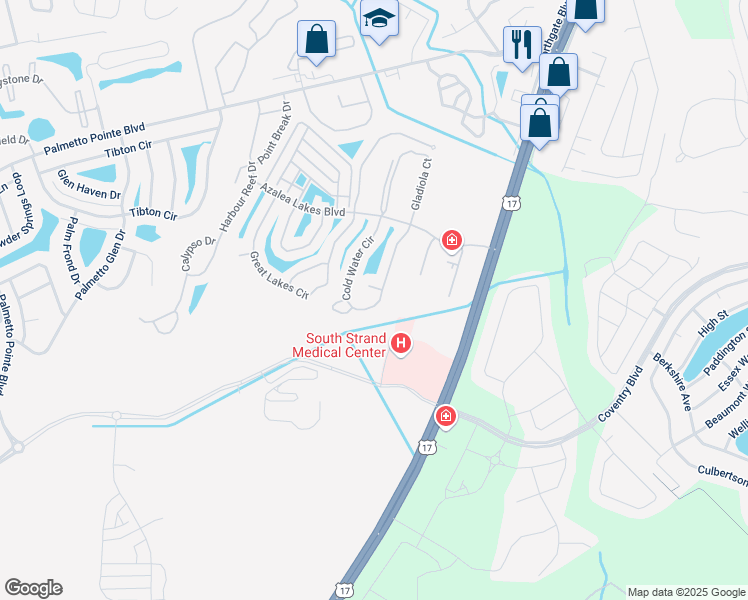 map of restaurants, bars, coffee shops, grocery stores, and more near 187 Cold Water Circle in Myrtle Beach