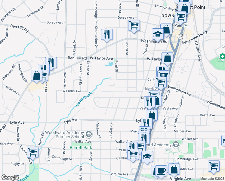 map of restaurants, bars, coffee shops, grocery stores, and more near 1919 Dunlap Avenue in East Point