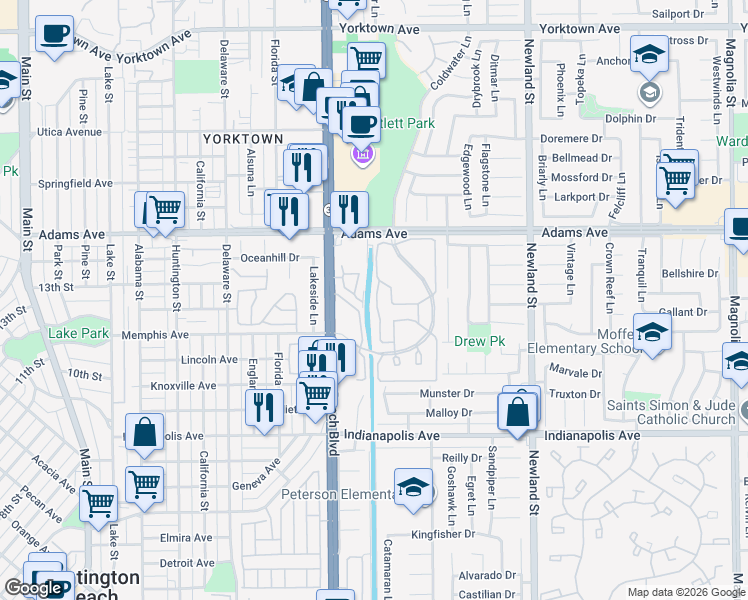 map of restaurants, bars, coffee shops, grocery stores, and more near 20171 Sealpoint Lane in Huntington Beach