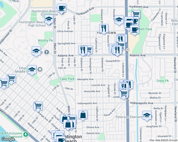 map of restaurants, bars, coffee shops, grocery stores, and more near 1405 Huntington Street in Huntington Beach