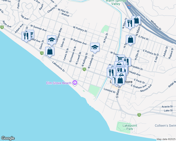 map of restaurants, bars, coffee shops, grocery stores, and more near 2 North Lindsay Street in Lake Elsinore