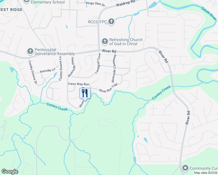 map of restaurants, bars, coffee shops, grocery stores, and more near 3321 River Run Trail in Decatur