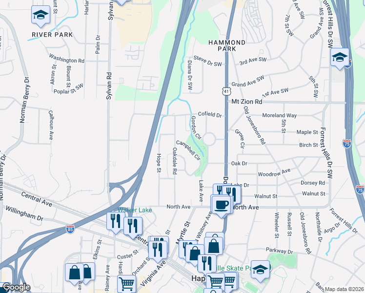 map of restaurants, bars, coffee shops, grocery stores, and more near 723 Campbell Circle in Hapeville