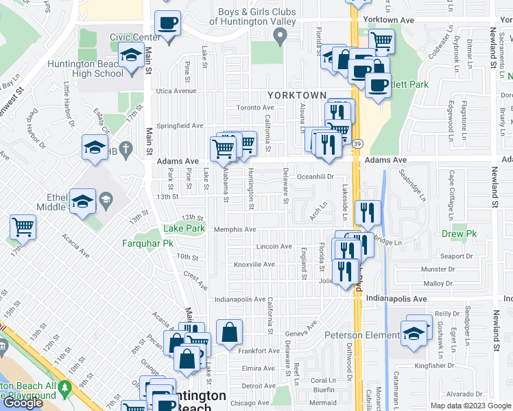 map of restaurants, bars, coffee shops, grocery stores, and more near 1408 Huntington Street in Huntington Beach