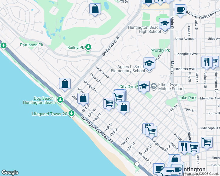 map of restaurants, bars, coffee shops, grocery stores, and more near 503 19th Street in Huntington Beach