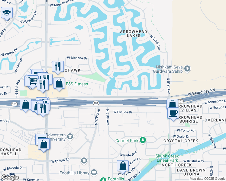 map of restaurants, bars, coffee shops, grocery stores, and more near 5426 West Pontiac Drive in Glendale