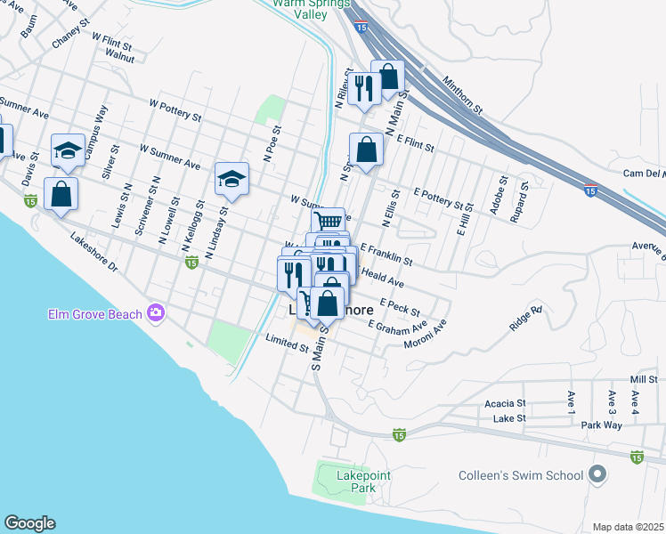 map of restaurants, bars, coffee shops, grocery stores, and more near 277 South Main Street in Lake Elsinore