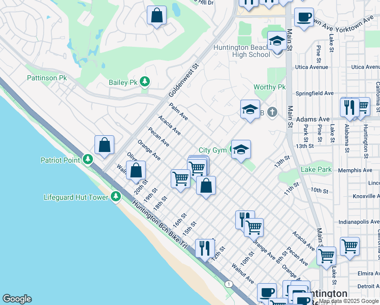 map of restaurants, bars, coffee shops, grocery stores, and more near 516 19th Street in Huntington Beach