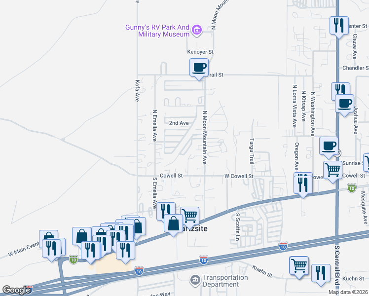 map of restaurants, bars, coffee shops, grocery stores, and more near 743-801 W Mountain View in Quartzsite