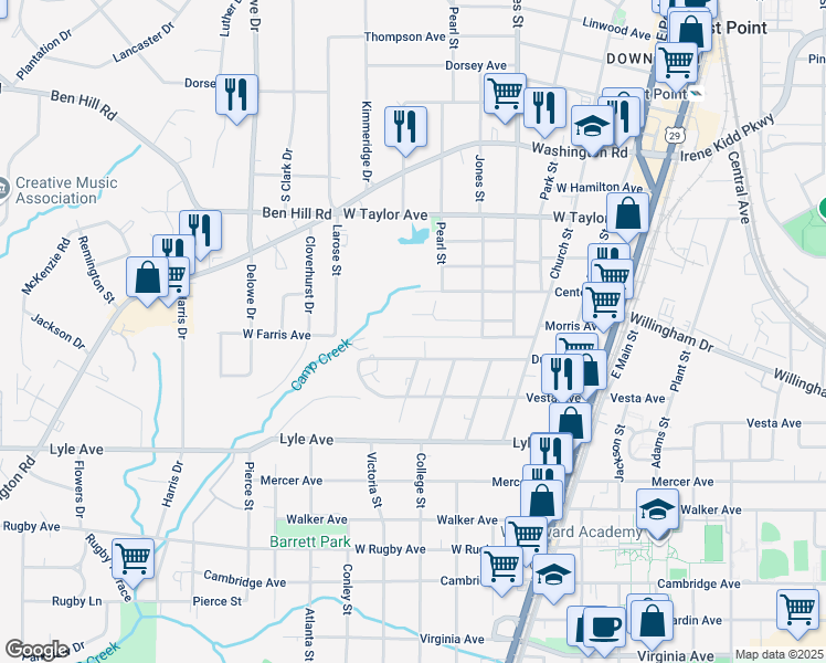 map of restaurants, bars, coffee shops, grocery stores, and more near 1915 East Farris Avenue in East Point