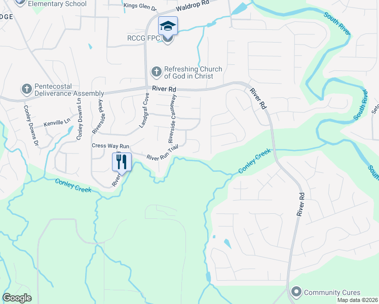 map of restaurants, bars, coffee shops, grocery stores, and more near 3400 River Run Trail in Decatur