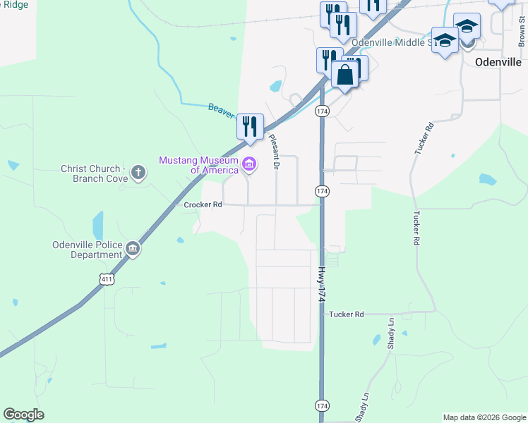 map of restaurants, bars, coffee shops, grocery stores, and more near 45 Pleasant Drive in Odenville
