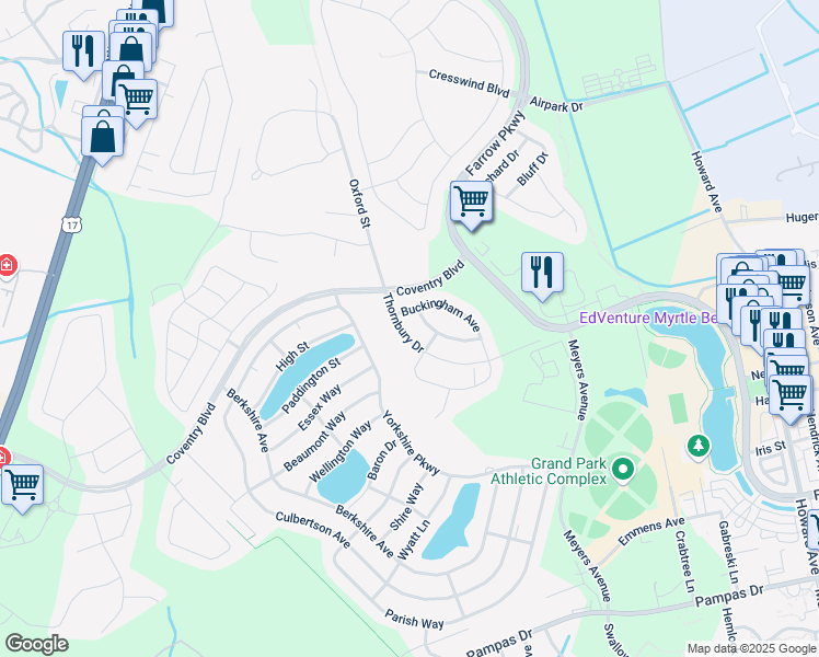 map of restaurants, bars, coffee shops, grocery stores, and more near 1518 Buckingham Avenue in Myrtle Beach