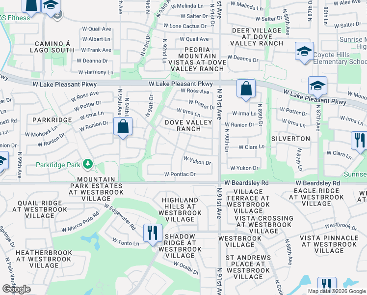 map of restaurants, bars, coffee shops, grocery stores, and more near 20449 North 93rd Avenue in Peoria