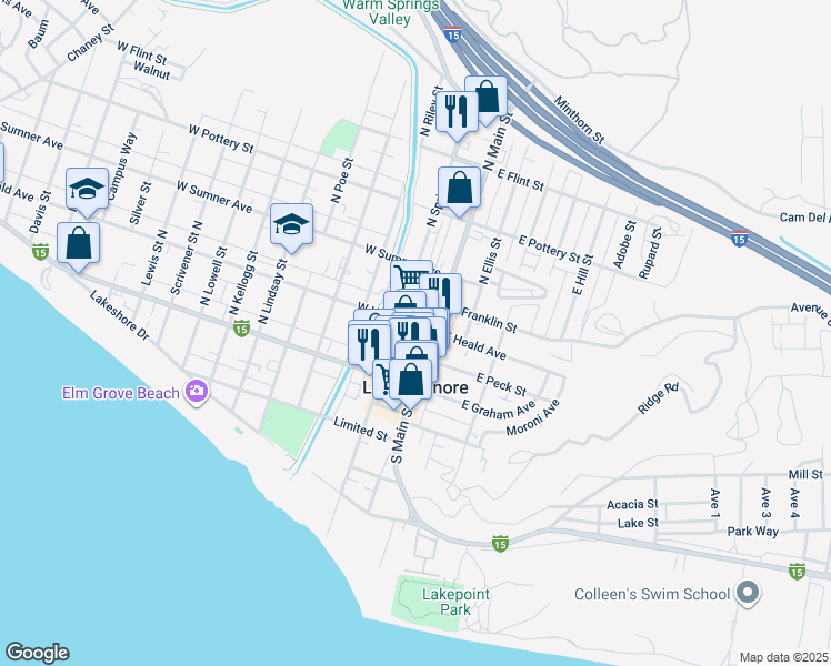 map of restaurants, bars, coffee shops, grocery stores, and more near 114 West Heald Avenue in Lake Elsinore