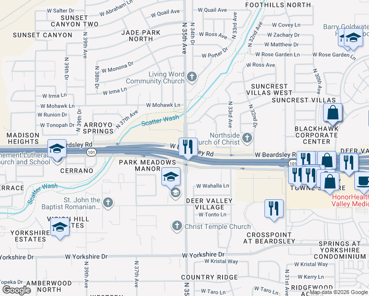 map of restaurants, bars, coffee shops, grocery stores, and more near N 35th Ave & W Beardsley Rd in Phoenix