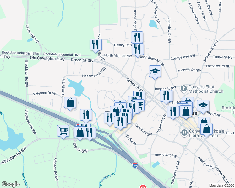 map of restaurants, bars, coffee shops, grocery stores, and more near 2131 Appaloosa Way in Conyers