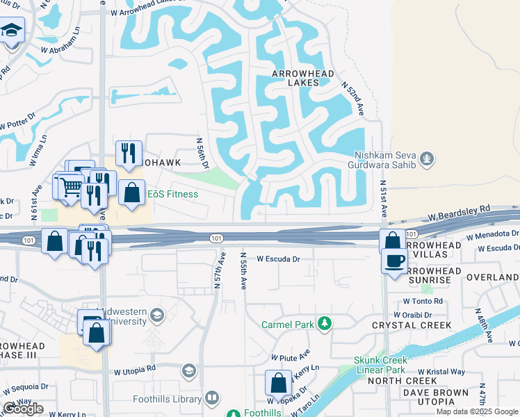 map of restaurants, bars, coffee shops, grocery stores, and more near 5414 West Pontiac Drive in Glendale