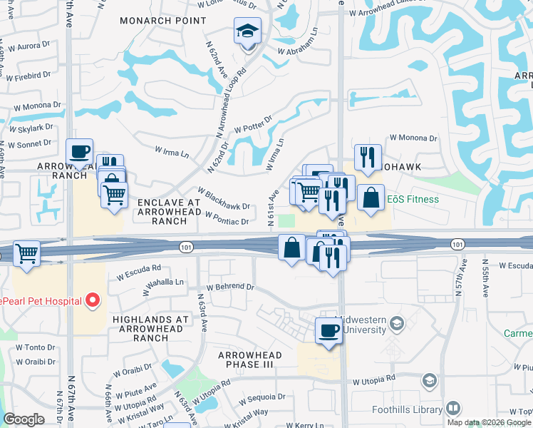 map of restaurants, bars, coffee shops, grocery stores, and more near 20258 North 61st Avenue in Glendale