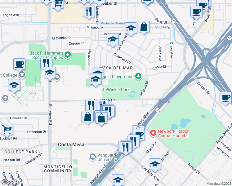 map of restaurants, bars, coffee shops, grocery stores, and more near 970 Arlington Drive in Costa Mesa
