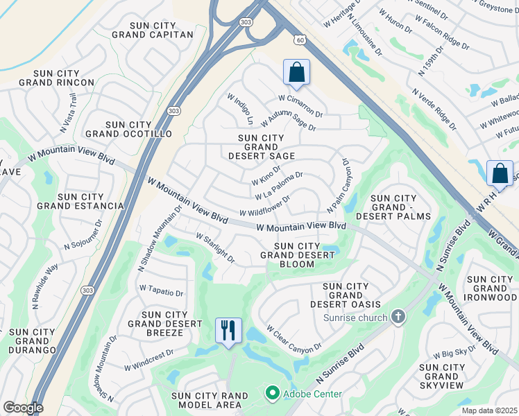 map of restaurants, bars, coffee shops, grocery stores, and more near 15940 West Wildflower Drive in Surprise